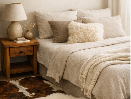 Autumn bedroom styled with natural textures including a sheepskin rug beside the bed, a tricolour cowhide on timber flooring, and soft neutral bedding creating a warm, calm interior.